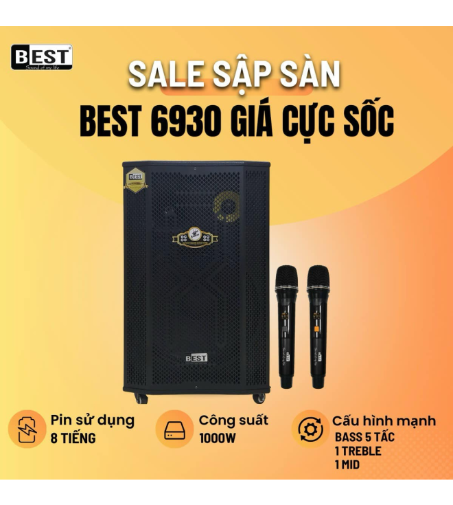 Loa điện di động Best 6930 1000W Bass50 (kèm 2 mic) 