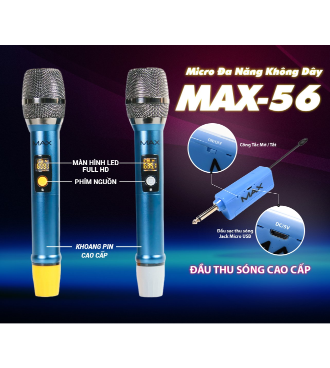 Bộ 2 Micro không dây đa năng Max 56 - Hút âm tốt, chống hú hiệu quả - Sạc pin ngay trên mic