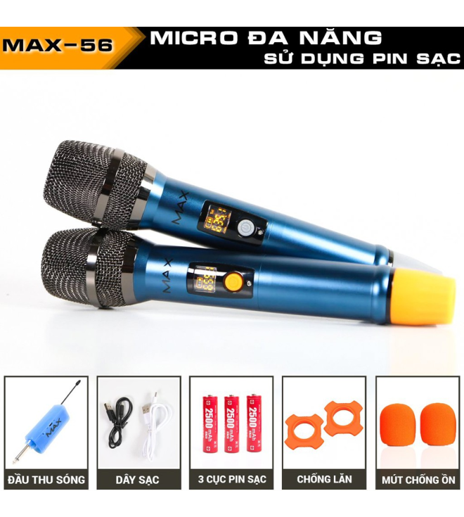 Bộ 2 Micro không dây đa năng Max 56 - Hút âm tốt, chống hú hiệu quả - Sạc pin ngay trên mic