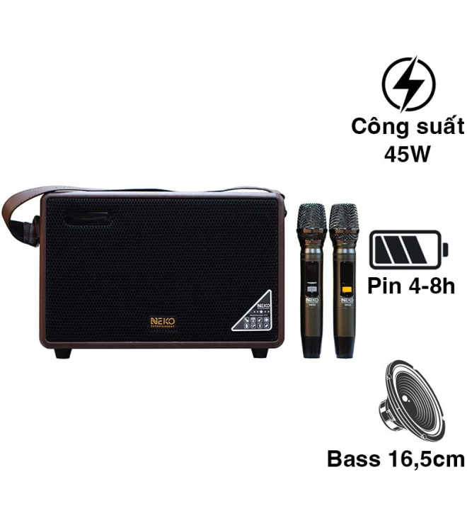 Loa di động bluetooth NEKO NK02, 45W, BASS 16.5CM, 2 mic không dây, PIN 4- 8H - Hàng chính hãng