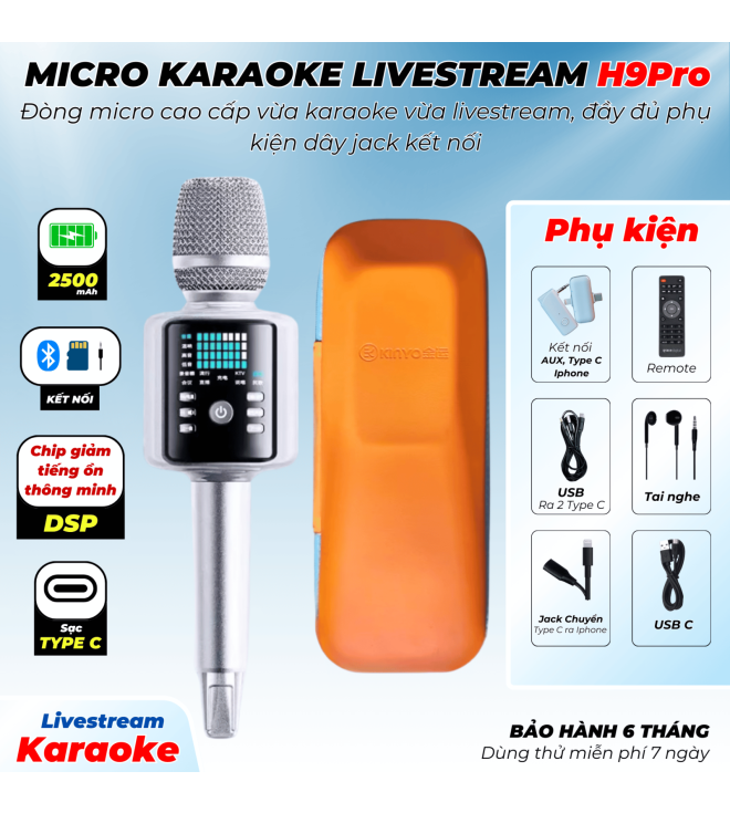 Micro Bluetooth Karaoke H9 Pro Vừa Karaoke Vừa Livestream Đầy Đủ Dây Jack Kết Nối Đi Kèm Hộp Đựng