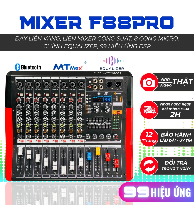 Mixer MTMAX F88Pro Đẩy Liền Vang Liền Mixer Công Suất 8 Cổng Micro Chỉnh Equalizer 99 Hiệu Ứng DSP